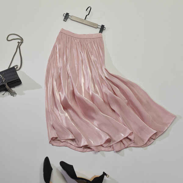 Spring summer glossy silky long pleated skirt