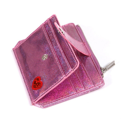 Korean version laser PU card holder with love embroidery for women zipper buckle coin purse mini wallet cute card holder wholesale