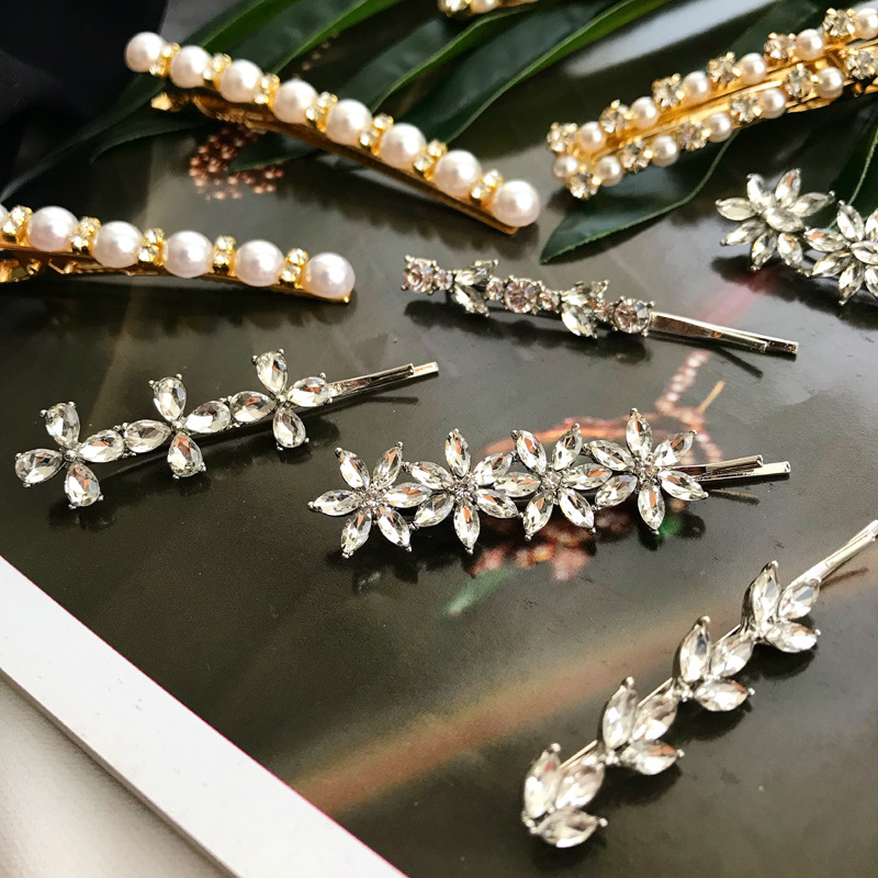 Korean Rhinestone Gem Flower Pearl Hairpin Adult Top Clip One Word Clip Bangs Head Jewelry Hairpin Side Clip Children