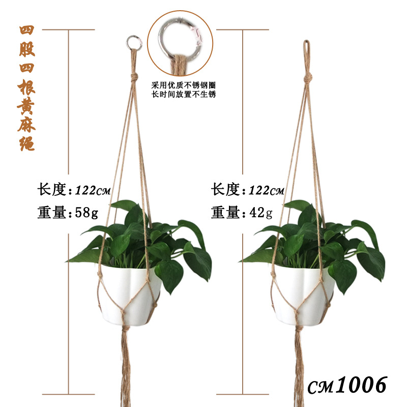 Cesta colgante de cuerda de cáñamo tejida a mano, maceta decorativa para jardín y balcón