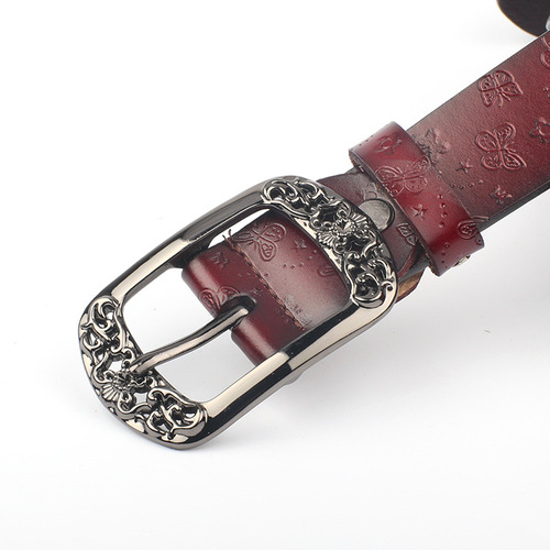 Factory direct supply of women's leather belts, retro versatile embossed butterfly leather belts, wide leather belts for women