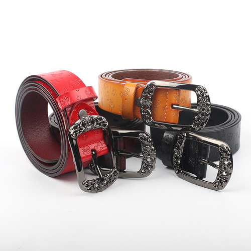 Factory direct supply of women's leather belts, retro versatile embossed butterfly leather belts, wide leather belts for women
