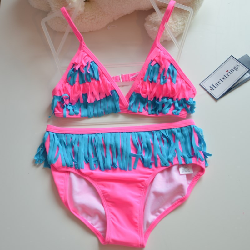Pink and blue fringed bikini