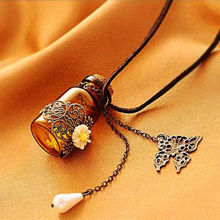 Vintage Carved Daisy Glass Wish Bottle Necklace Leather Rope Pearl Butterfly Pendant Sweater Chain Women's Long Necklace
