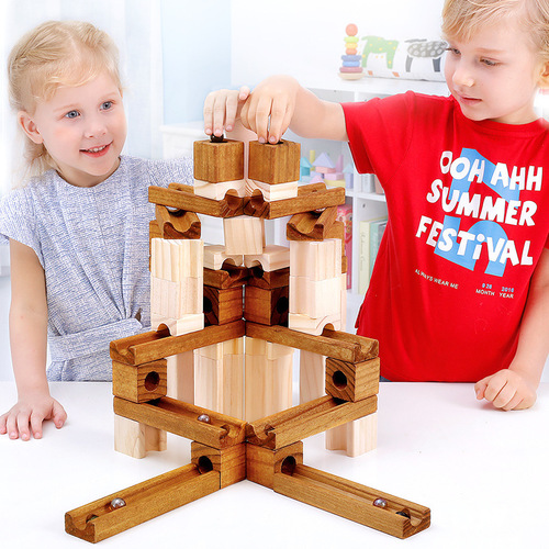 Onshine brand wooden marble track building blocks children's educational assembled ball building blocks log assembled building blocks