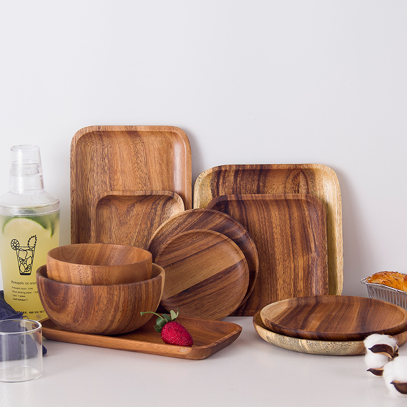 Korean Style Creative Acacia Wooden Tray Rectangular Wooden Plate Retro Hotel Western Food Plate Dishes and Dishes Set