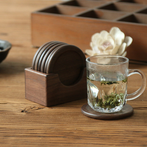 Walnut Wood Japanese Cup Mat Set Wooden Insulating Mat Creative Wood Tea Tray Cup Mat 6-Pack Beech Wood Mat