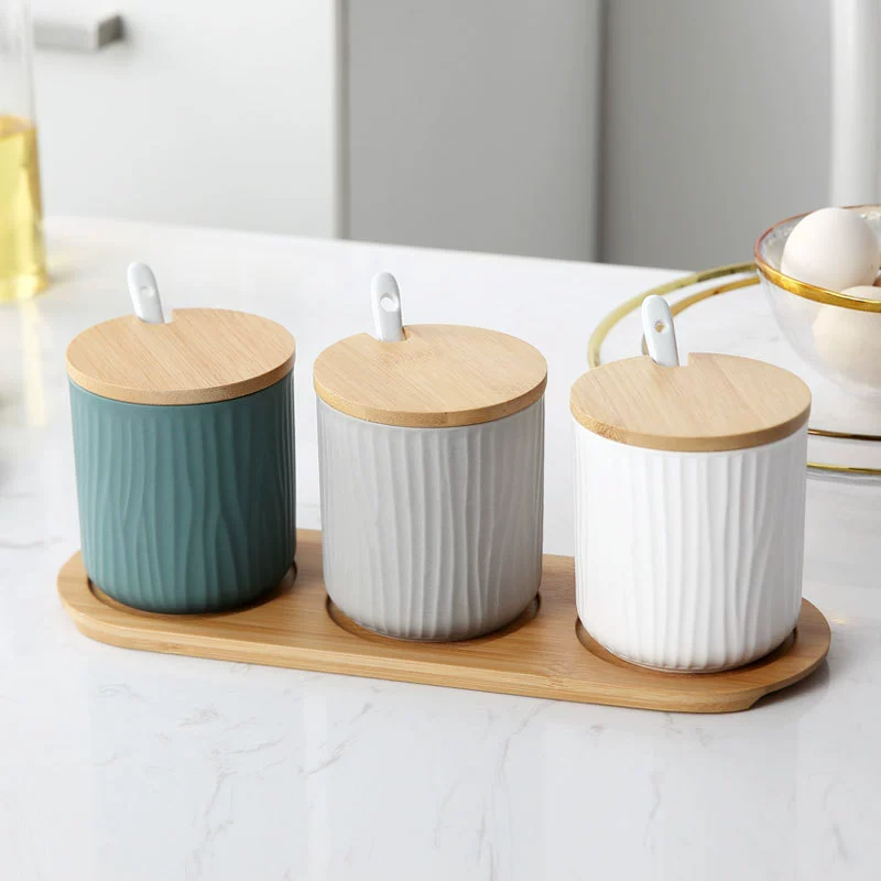 Nordic-inspired ceramic seasoning jar by Xingmi Ceramics — 15cm cube, 0.4kg, white/gray/green