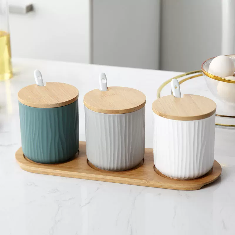 Nordic-inspired ceramic seasoning jar by Xingmi Ceramics — 15cm cube, 0.4kg, white/gray/green