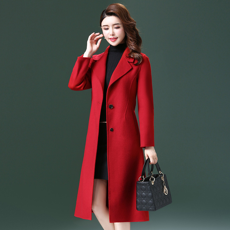 Double-Sided Wool Coat for Women 2026 Autumn and Winter Fashion Woolen Outwear Long Over-The-Knee Slim Fit Bright Red Coat New