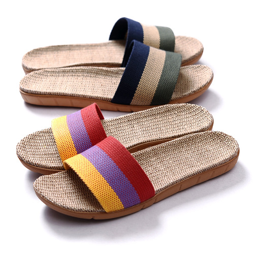 Linen Slippers Home Couple Indoor Slippers Wooden Floor Cotton Linen Home Non-slip Thick Sole Summer Cool Slippers for Men and Women
