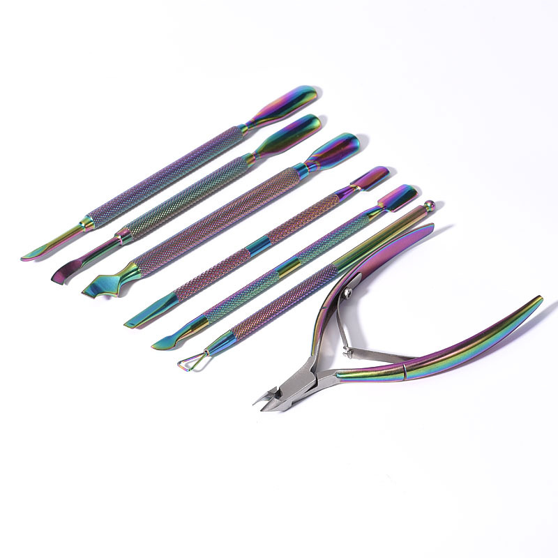 Empuje de acero 3-Piece Set uñas piel muerta empuje gradiente herramienta de uñas removedor de uñas para dos extremos tijeras de piel muerta de color