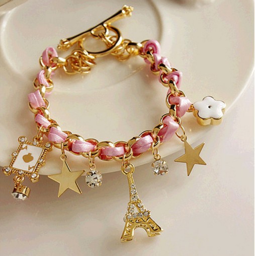 Popular Korean Fashion Bracelet Women's Eiffel Tower Star Flower Playing Card Leather Rope Woven Bracelet Women's Anklet