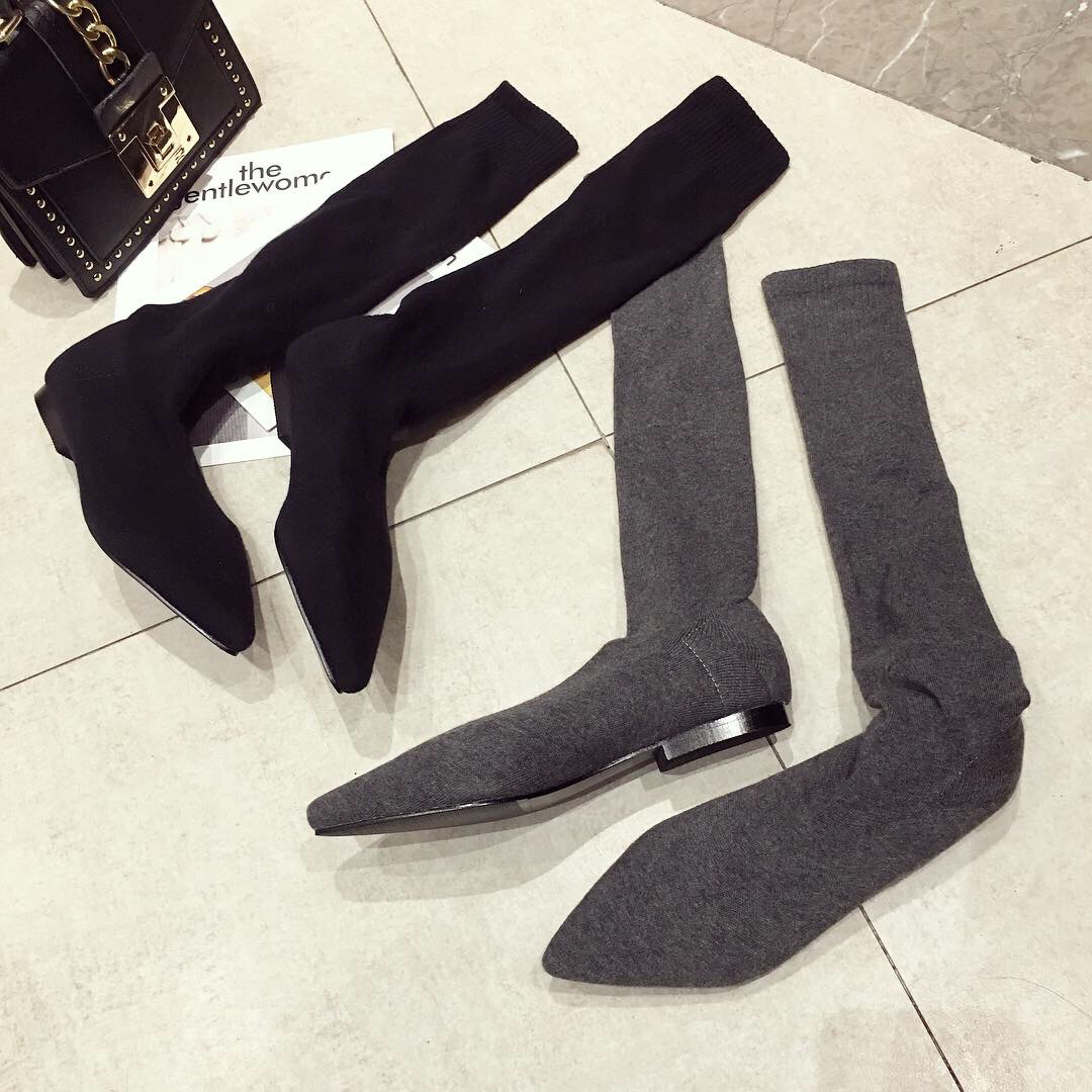 Internet Celebrity Winter Flat Boots Knitted Wool Socks Boots Pointed Toe Stretch Heel Martin Women's Over-the-Knee Boots