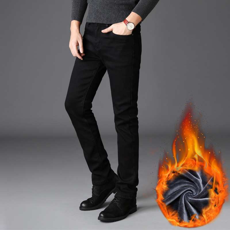 Men's Clothing Winter Slim Fit Plus Velvet Jeans Men's Elastic Straight Black Casual Pants Men's Autumn And Winter Thick Warm Pants Men_voghion.com