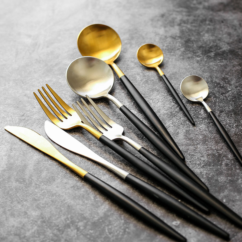 Big Sale Portugal Black Gold Black Silver Stainless Steel Western Tableware Steak Knife and Fork Coffee Spoon Chopsticks Big Sale Portugal Black Gold Black Silver Stainless Steel Western Tableware Steak Knife and Fork Coffee Spoon Chopsticks