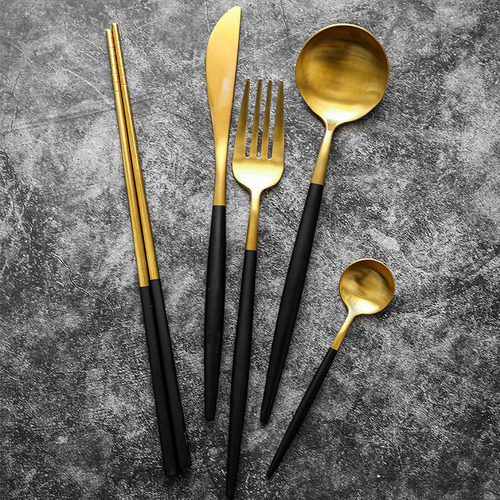 Portuguese black gold black silver brushed stainless steel Western tableware steak knife fork coffee spoon chopsticks Western knife fork set