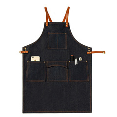 跨境歐美時尚牛仔圍裙理髮師勞保廚師餐廳工作圍裙批發定 制logo