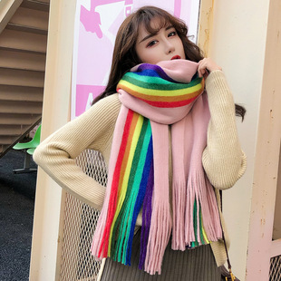 Радужный трикотажный универсальный демисезонный шарф, в корейском стиле