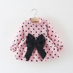 Q156 Autumn/Winter New Girls' Long-Sleeve Dress Princess Style with Bow at Waist and Polka Dot Skirt - Drop Ship