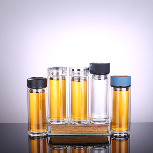 Double-layer glass cup for men and women, household, office, portable with lid, transparent, insulated, bubble tea cup, printed with logo