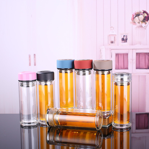 Double-layer glass cup for men and women, household, office, portable with lid, transparent, insulated, bubble tea cup, printed with logo