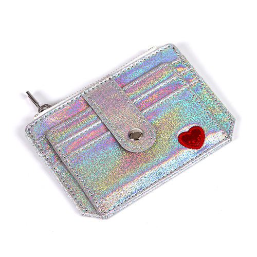 Korean version laser PU card holder with love embroidery for women zipper buckle coin purse mini wallet cute card holder wholesale