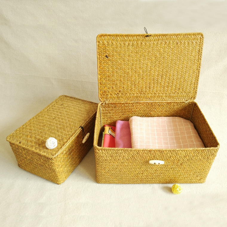 草编收纳盒卧室衣物储备箱桌面整理化妆品盒手工编织工艺