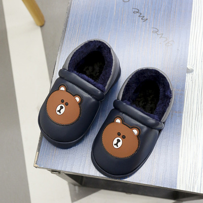 冬季儿童棉鞋pu皮保暖防水防滑小孩棉拖鞋可爱熊头男孩冬一件代发