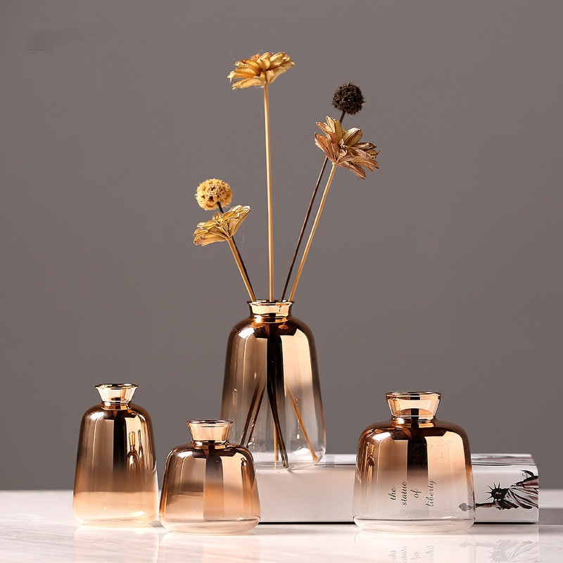 Orange Red Nordic Simple Modern Gold-plated Gradient Glass Small Vase Home Living Room Ornaments for Hair Orange Red Nordic Simple Modern Gold-plated Gradient Glass Small Vase Home Living Room Ornaments for Hair