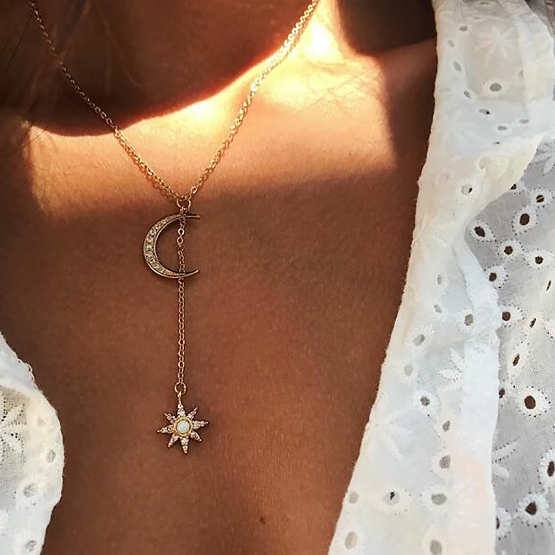 European and American Cross-Border New Popular Fashion Personality Retro Two-Color Moon Sun Opal Women's Necklace Wholesale