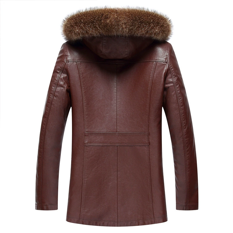 Men's Fur-Trimmed Faux Leather Coat, Thick Plush Lining, Winter Warm Parka