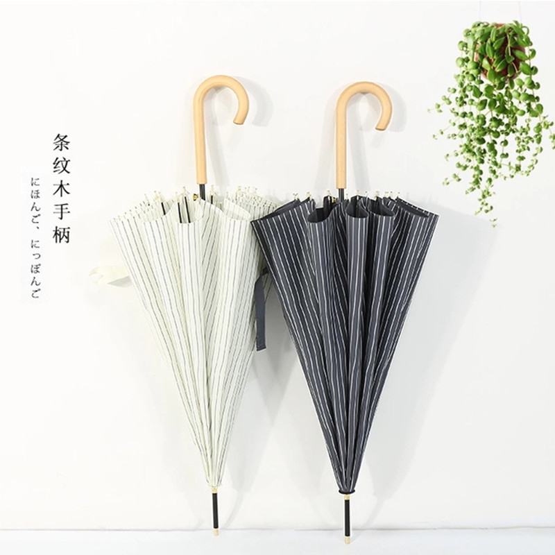 in stock Wholesale Japanese and Korean Wind Straight Rod Curved Handle 16 Bone Reinforced Semi-automatic Striped Small Fresh Umbrella Sunny Umbrella for Men and Women