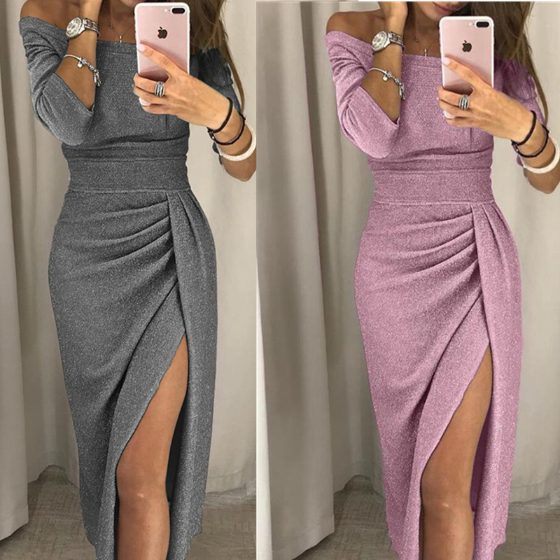 Amazon eBay women's sheath slit off-neck dress shiny dress for dinner dress