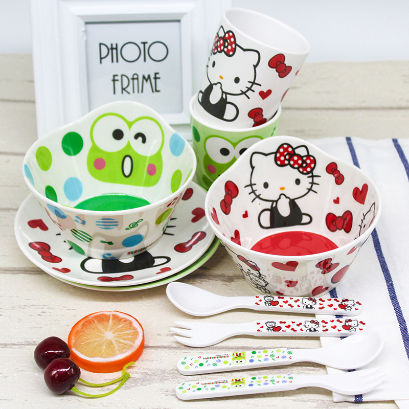 Cartoon children's tableware suit baby bowl fork spoon Cup plate drop-resistant pure melamine imitation porcelain melamine tableware five-piece set