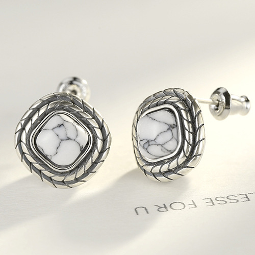 PAG&MAGSquare Earrings Earrings S925 Silver Earrings White Turquoise Hong Kong Style Temperament All-match Silver Jewelry