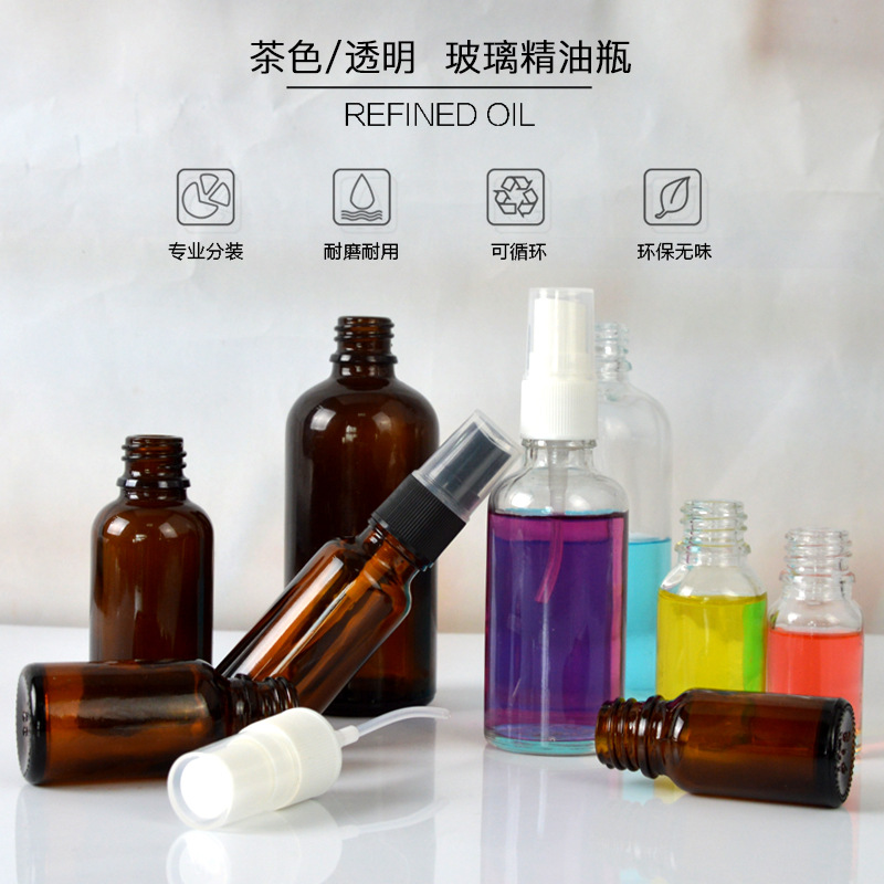 Fábrica al por mayor spray botella de aceite esencial de vidrio sub-botella marrón transparente varias botellas cosméticas puede ser al por mayor