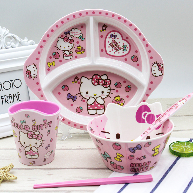 Wholesale Creative Children's Tableware Cartoon Kitty Frozen Student Drop-resistant Dinner Plate Bowl Cup Spoon Chopsticks suit