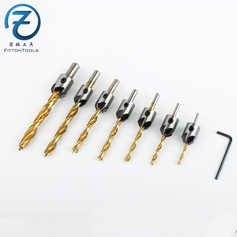 镀钛圆柄7件套沉头沉孔钻头 三尖木工钻 打螺丝帽木工打孔器工具