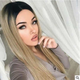 新款染色假发跨境外贸欧美女士中分长直发黑棕色渐变化纤发假发套
