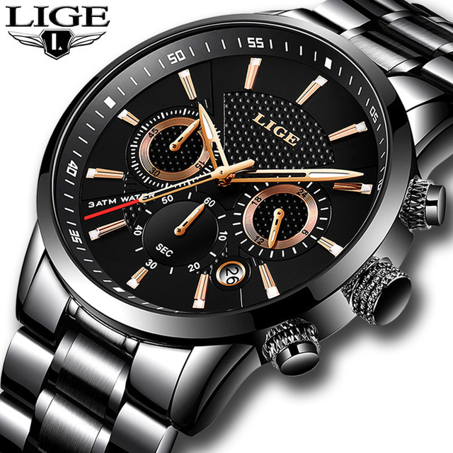 Lige Lg9866 Men's Sports Quartz Watch Waterproof Steel Belt Double-Eye Multi-Function Watch Business Watch
