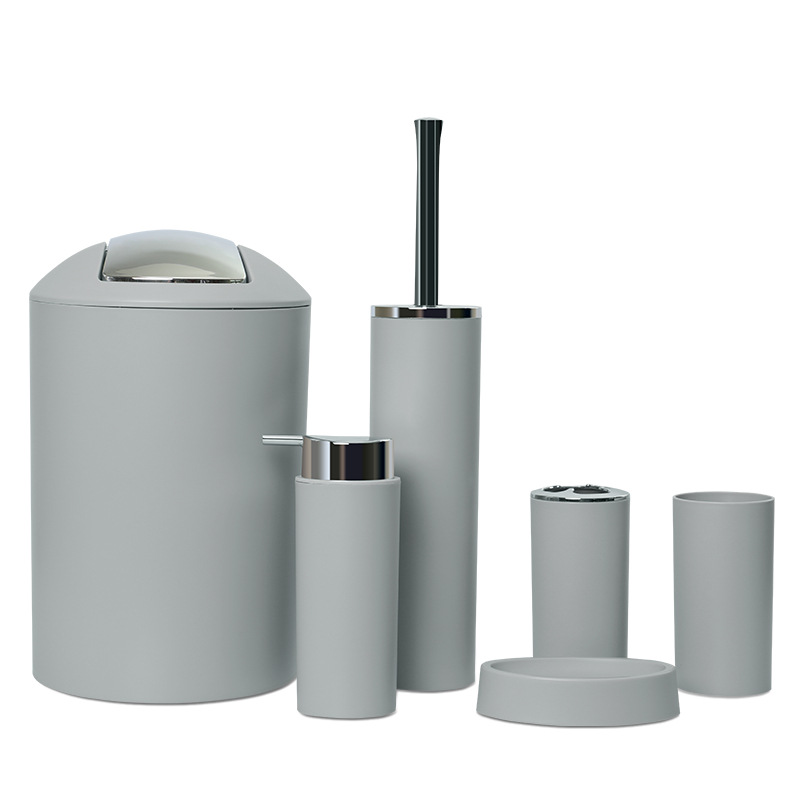Baños de plástico de color sólido seis conjuntos de baño de hotel cubierta galvanizada basura taza de cepillo de dientes conjunto de artículos de higiene