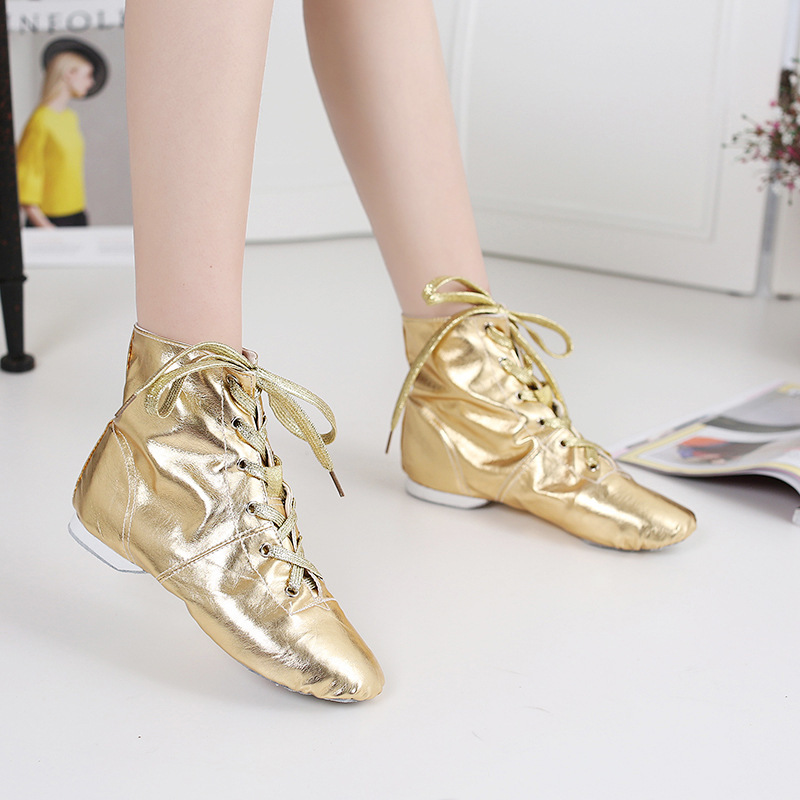 Gold and Silver High Top Dance Shoes Leather Glossy Stage Performance Adult Children Canvas Jazz Boots Shoes Black Women
