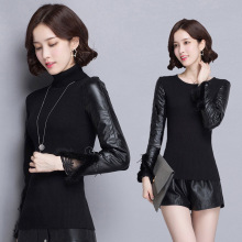 皮袖打底衫女冬配皮草马甲的打底衫羽绒棉袖子针织衫加绒加厚毛衣