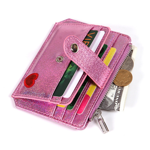 Korean version laser PU card holder with love embroidery for women zipper buckle coin purse mini wallet cute card holder wholesale