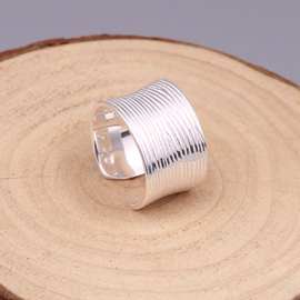 韩版时尚女士银戒指S925素银弧面开口简约宽面线条戒指女士指环