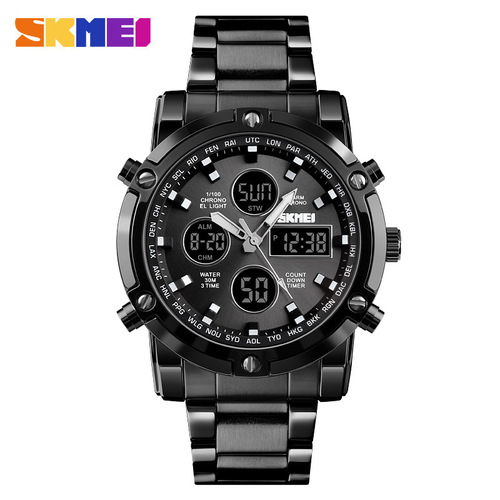 Shimei manufacturer dual display electronic watch multi-function steel strap large dial three time men's waterproof watch