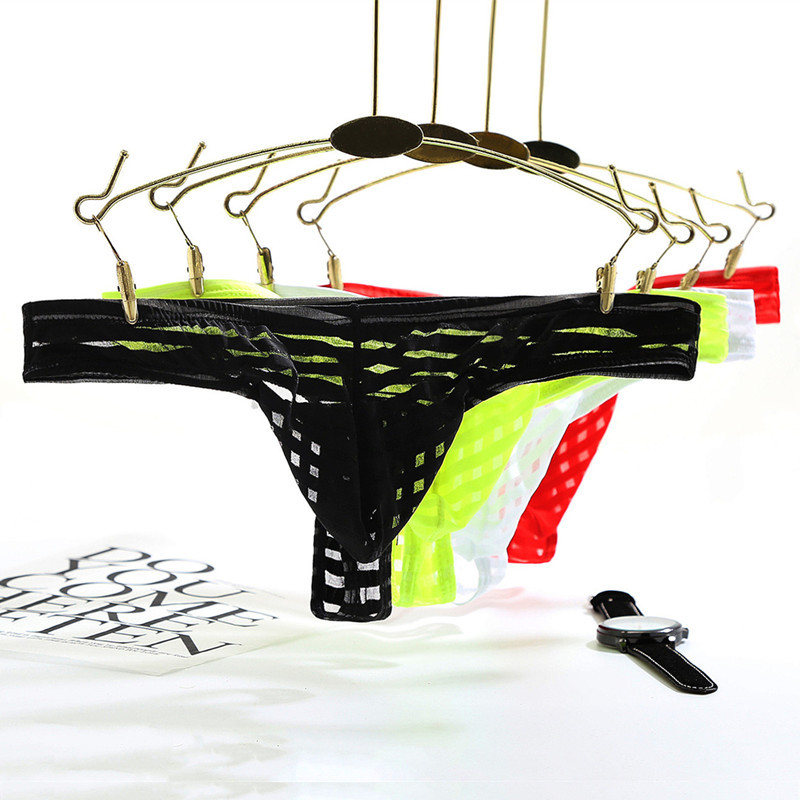 Men's Mesh Striped Thong Transparent Men's T-pants Low Waist Sexy Thin Mesh Pocket Underpants for Young Men