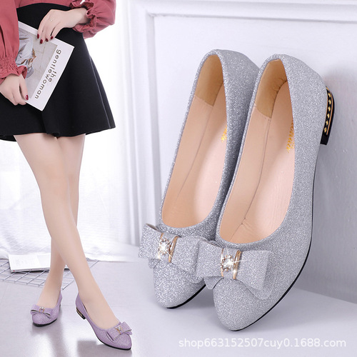 Women's Fashionable Butterfly Knot Water Diamond Flat Heel Rough Sole Pointed Toe Spring New Versatile Work Shoes