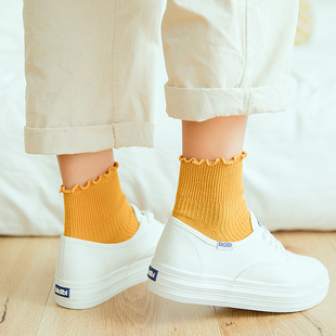 Lace Socks Children's Cotton Mid-length Socks Korean Academy Style Stacking Socks Japanese Style Solid Color Wood-ear Thin Short Socks for Spring and Autumn